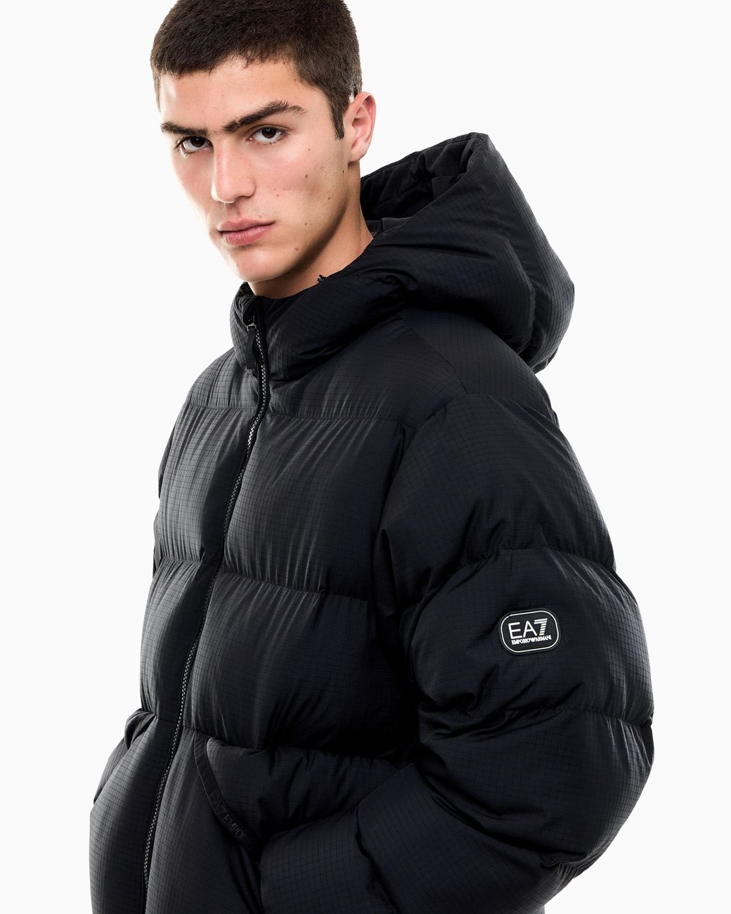 EA7 Black Oversized Padded Hooded Bomber Jacket With Graphics for men