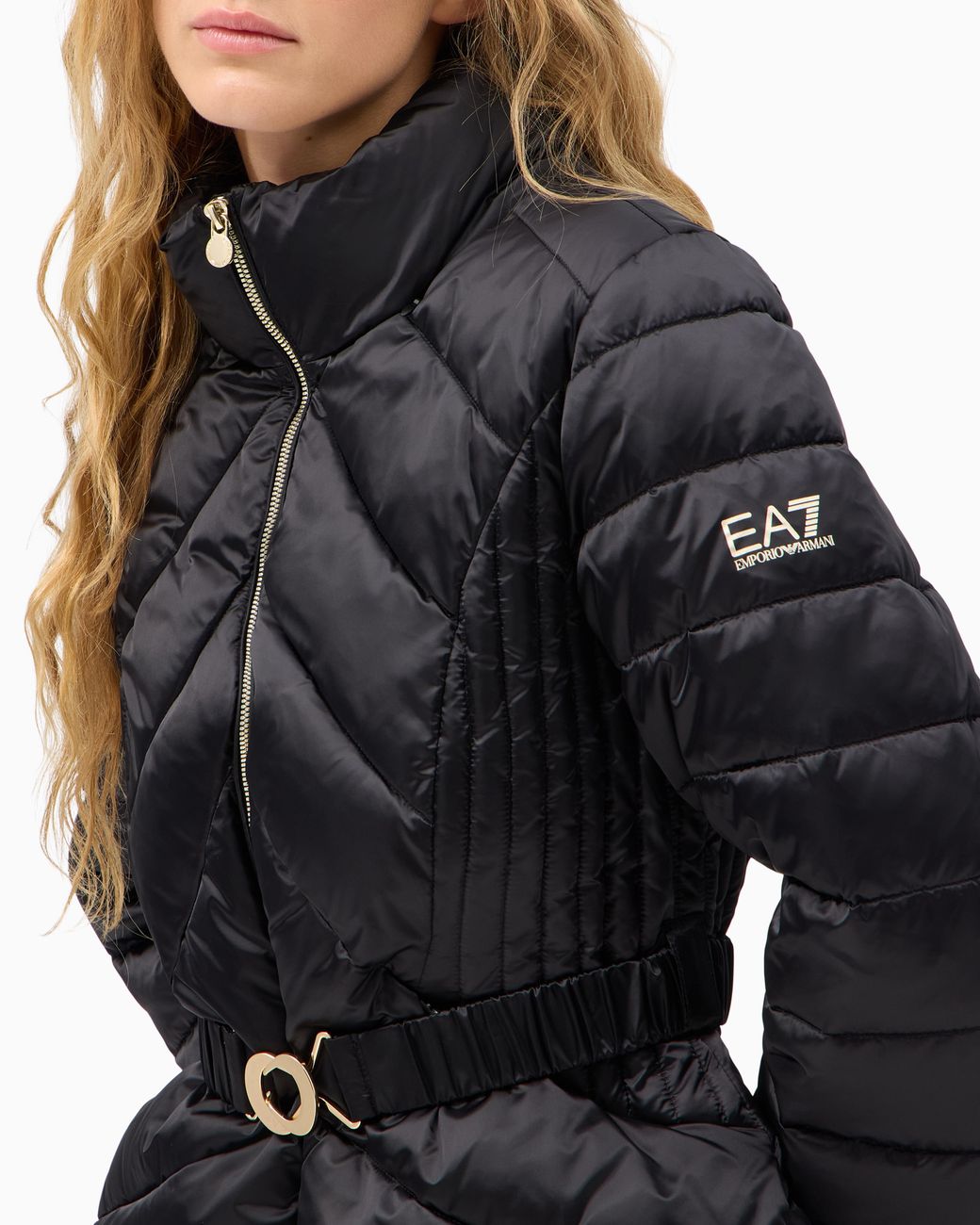 EA7 Blue Regular Fit Padded Bomber Jacket With Hood And Shiny Finish