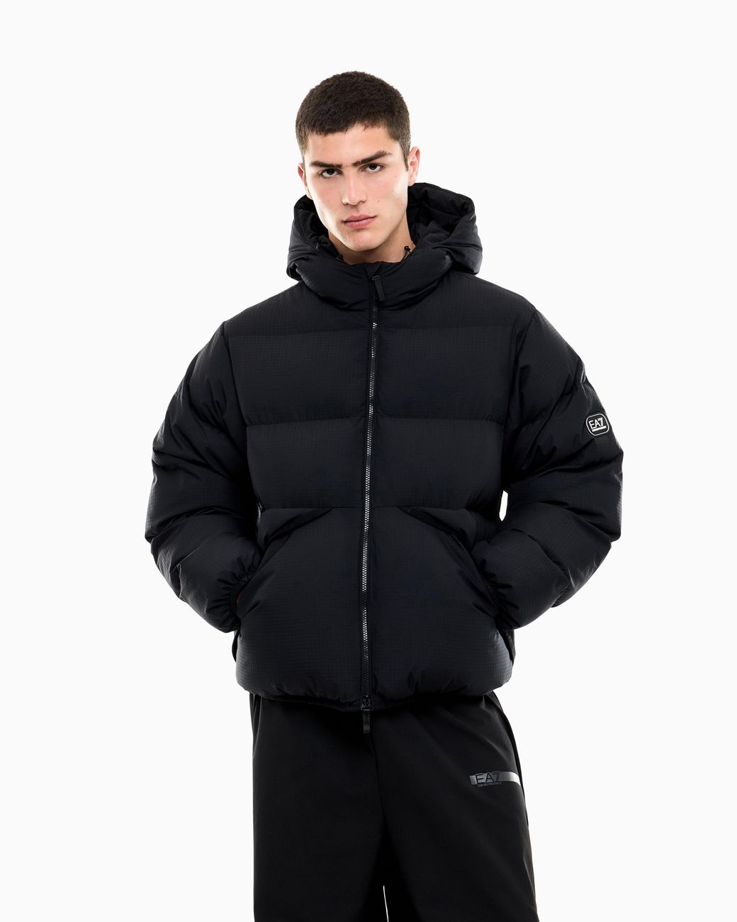 EA7 Black Oversized Padded Hooded Bomber Jacket With Graphics for men