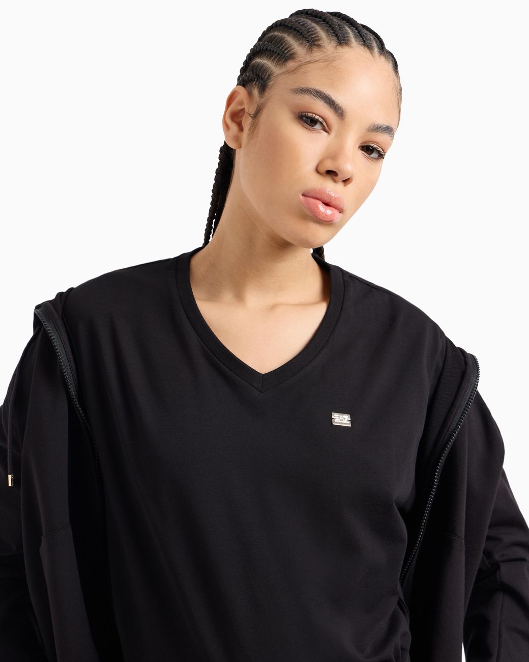 EA7 Black Core Lady Stretch Cotton Jersey V-Neck T-Shirt