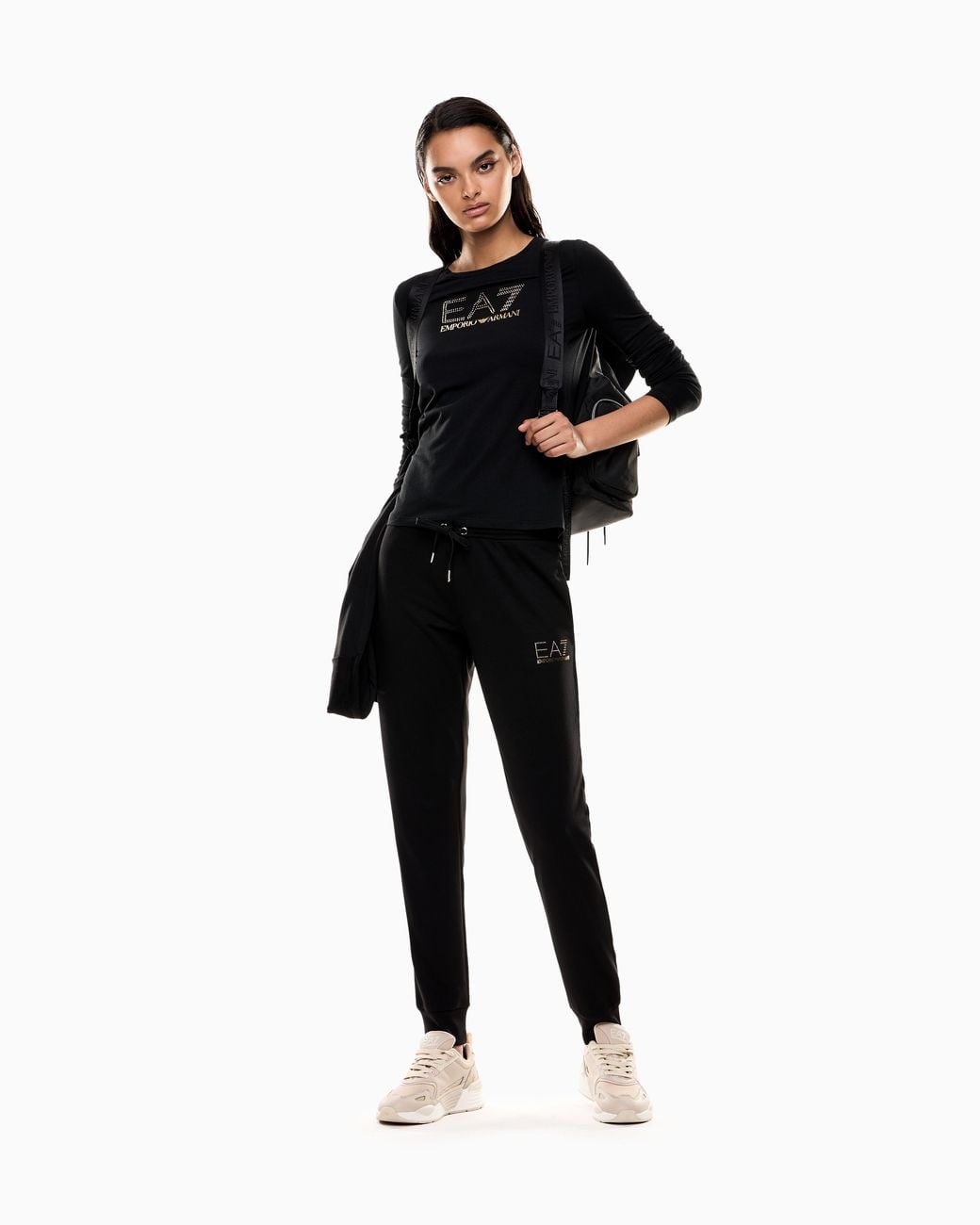 EA7 Black Stretch T-Shirt With Crew Neck And Long Sleeves Evolution