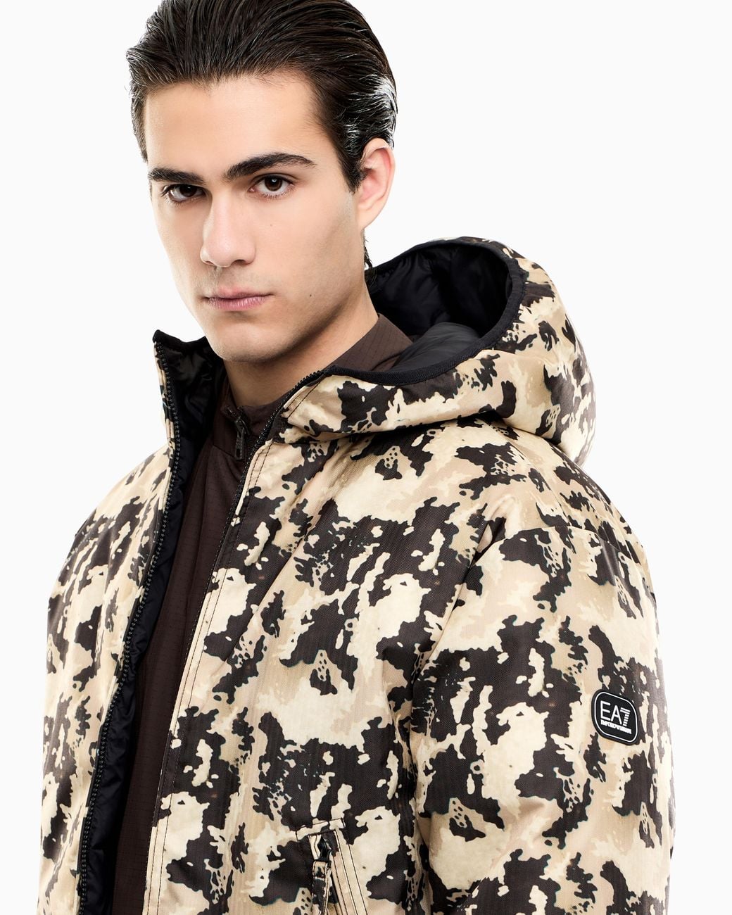 EA7 Brown Bomber Jacket Oversized Fit Padded Hooded With Graphic for men