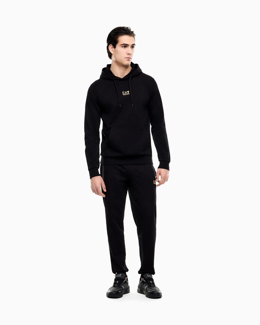 EA7 Black Cotton Pullover Hooded Sweatshirt From Core Identity for men