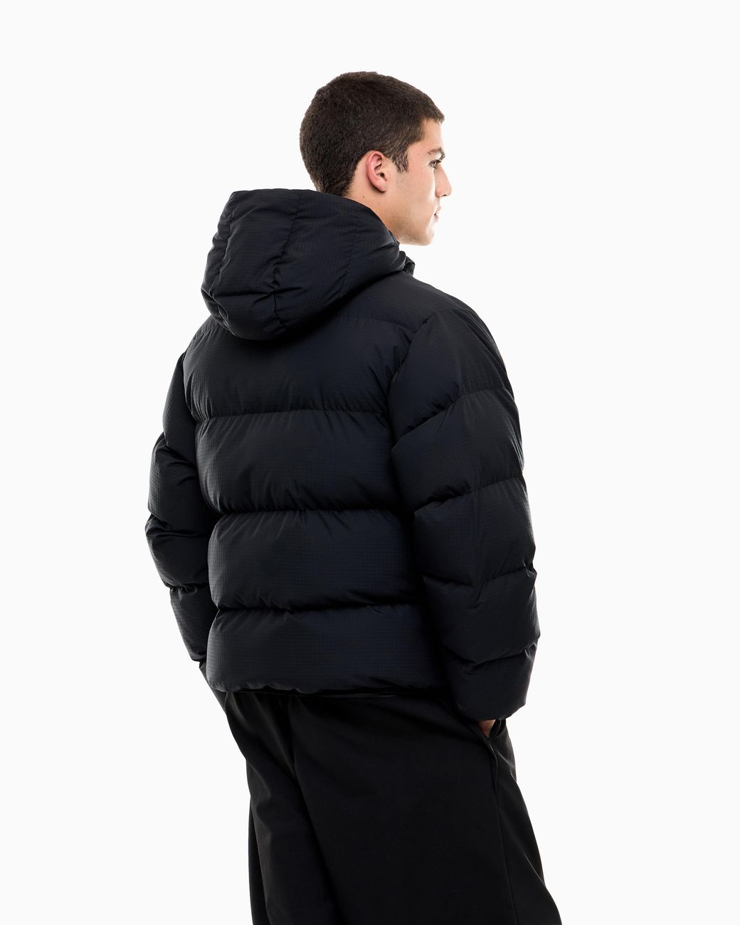 EA7 Black Oversized Padded Hooded Bomber Jacket With Graphics for men