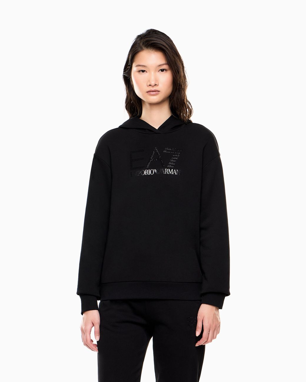 EA7 Black Stretch Hooded Sweatshirt With Micro Studs Logo Series