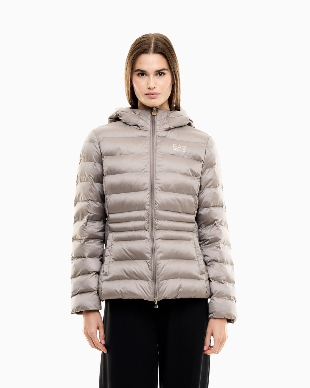 EA7 Natural Padded Jacket With A Fixed Hood And Front Zip Core Lady
