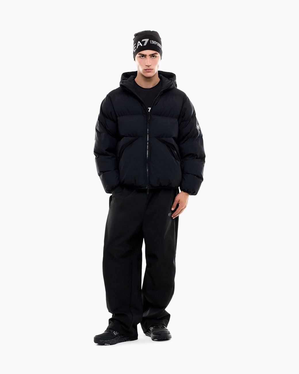 EA7 Black Oversized Padded Hooded Bomber Jacket With Graphics for men