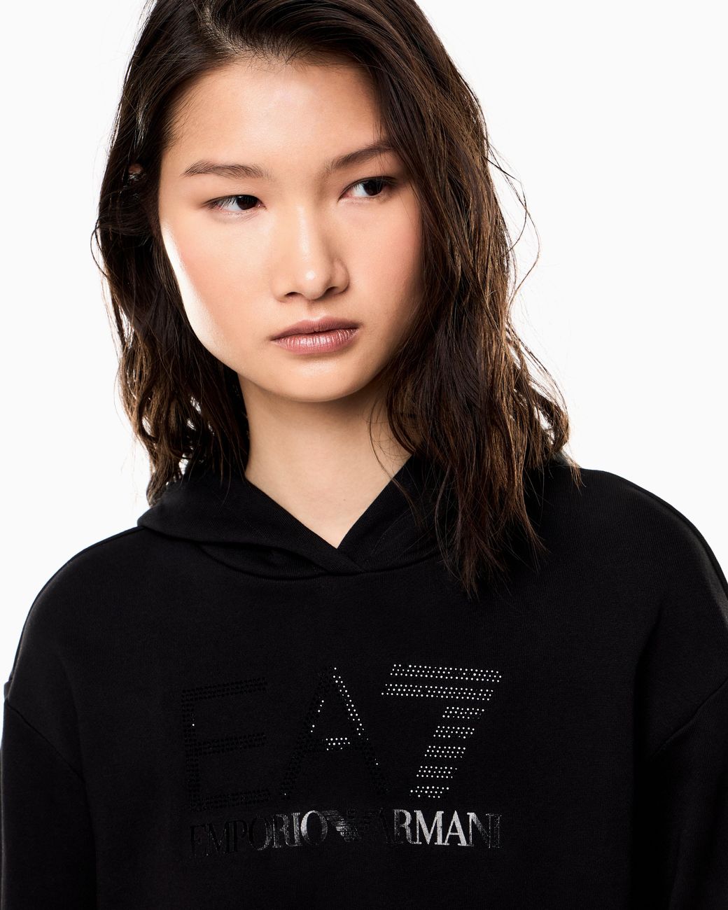 EA7 Black Stretch Hooded Sweatshirt With Micro Studs Logo Series