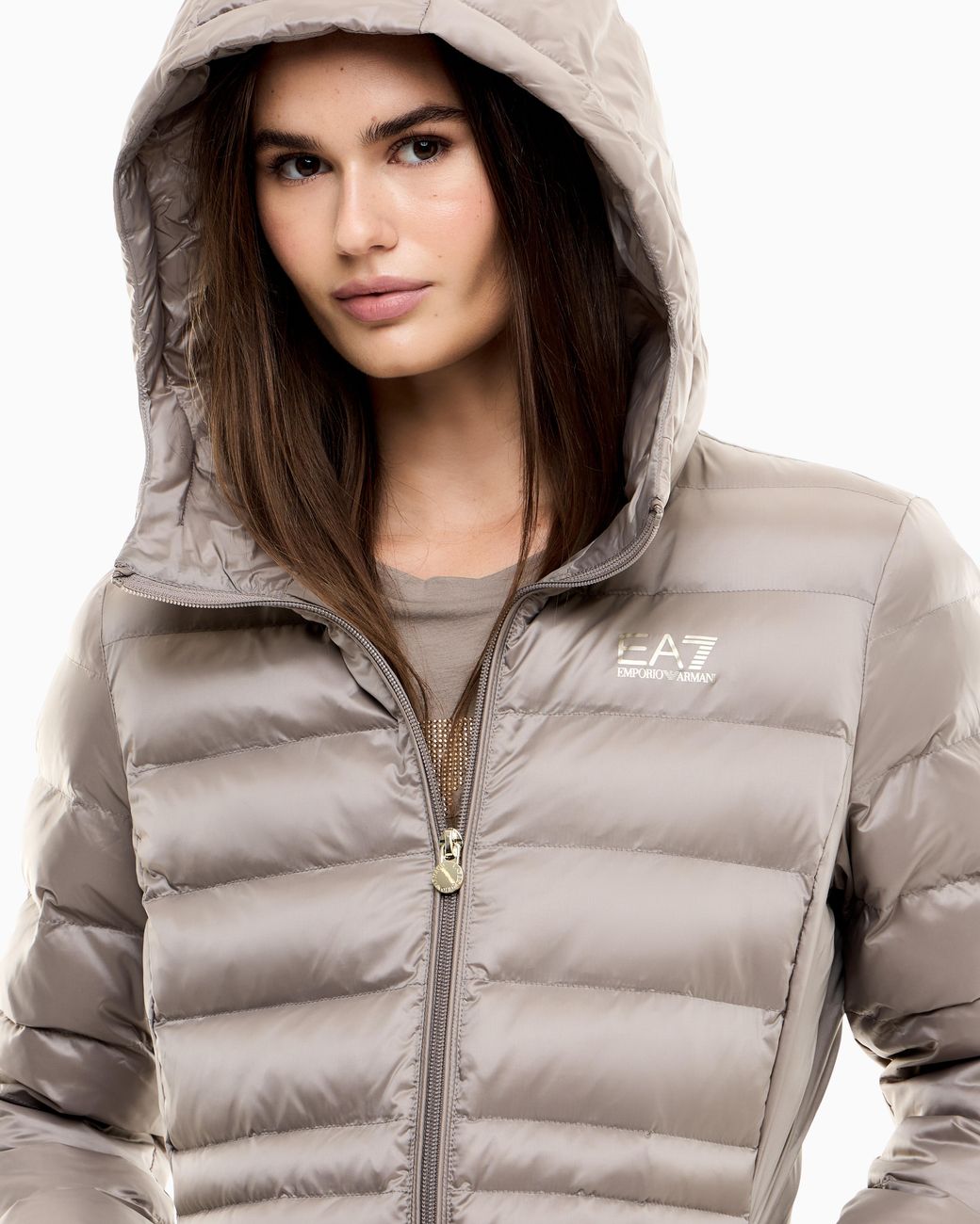 EA7 Natural Padded Jacket With A Fixed Hood And Front Zip Core Lady