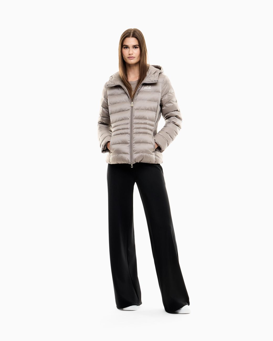EA7 Natural Padded Jacket With A Fixed Hood And Front Zip Core Lady