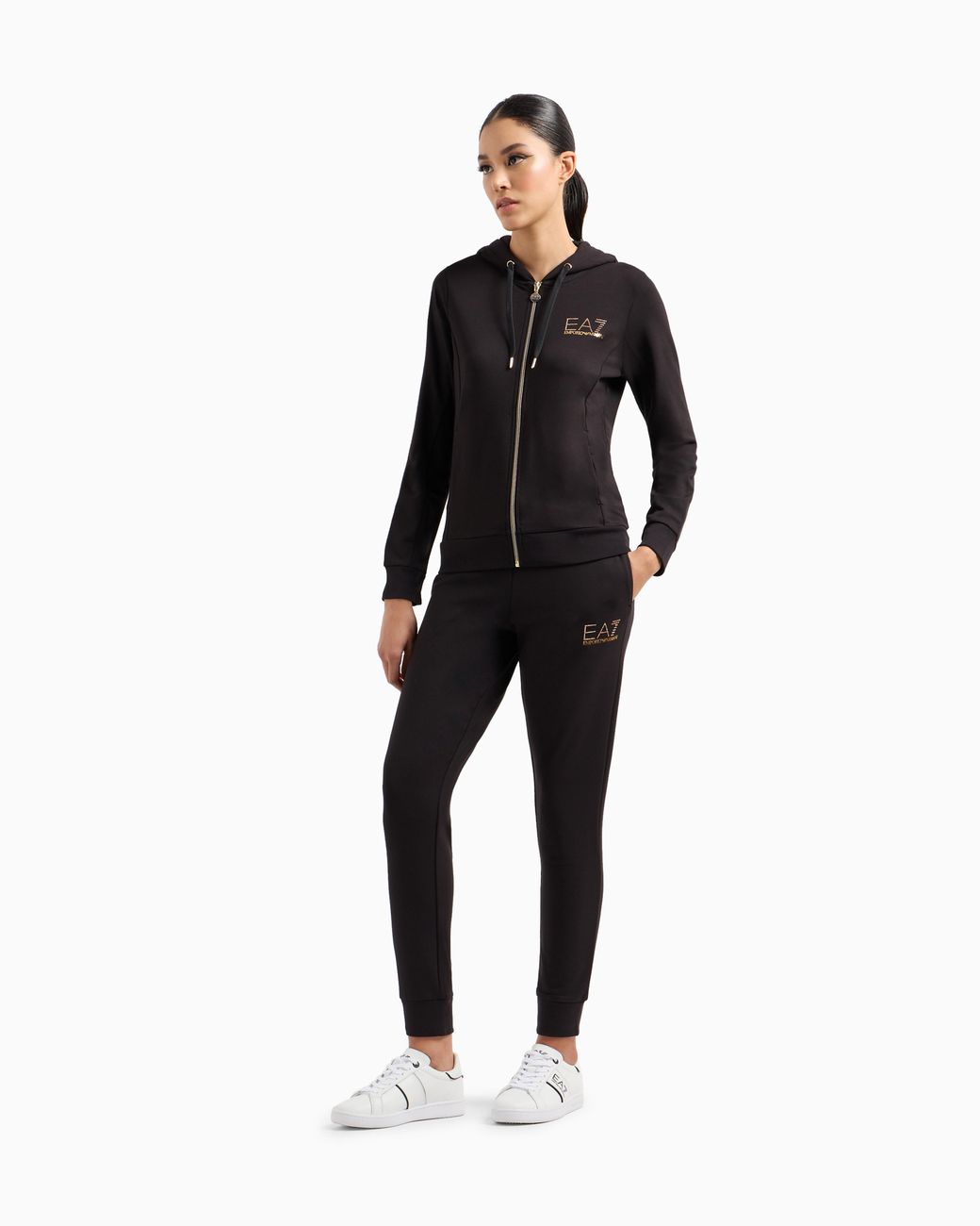 EA7 Black Viscose Suit With A Zip-Up Hoodie And Micro-Studs Tracksuit
