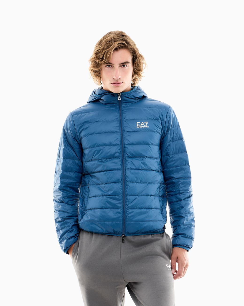 EA7 Blue Insulated Down Jacket With Fixed Hood Core Identity for men