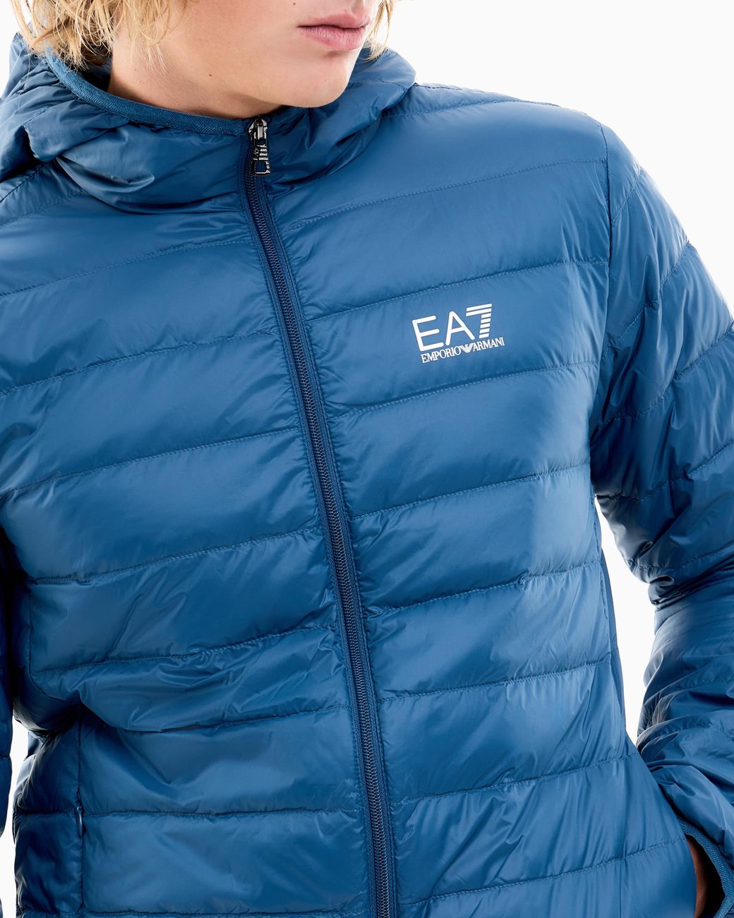 EA7 Blue Insulated Down Jacket With Fixed Hood Core Identity for men