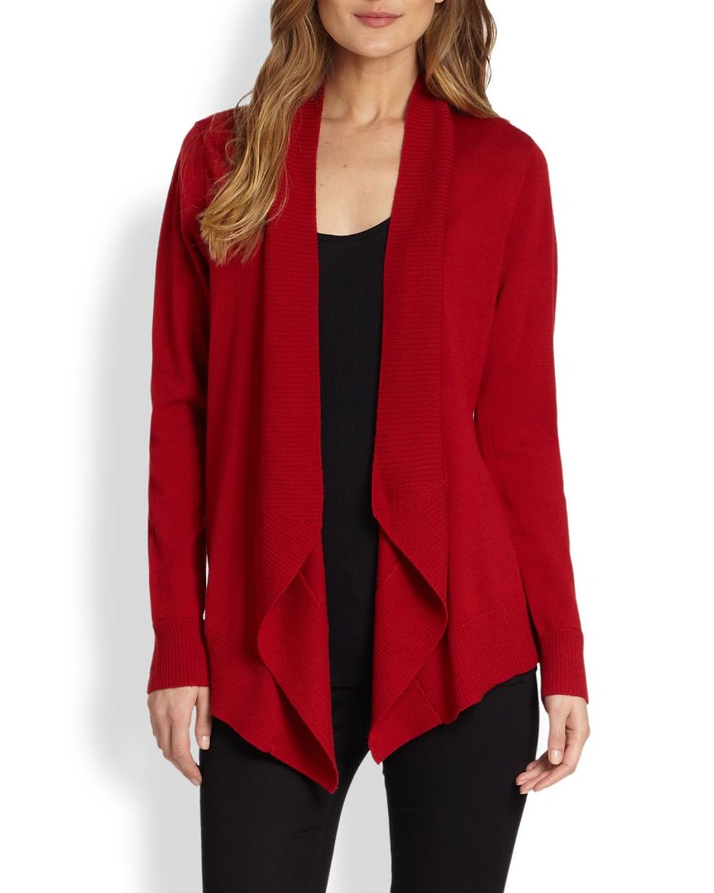 Eileen Fisher Merino Jersey Angled Open Cardigan in Red | Lyst