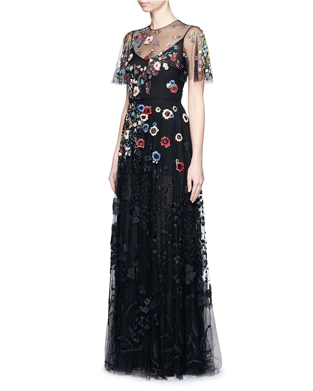Valentino Floral Embroidery Bead Appliqué Tulle Gown in Black