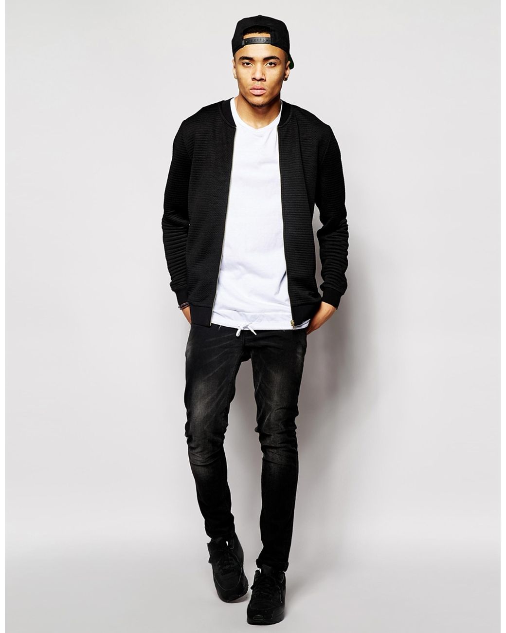 ASOS Quilted Bomber Jacket In Jersey With Gold Zips in Black for Men | Lyst