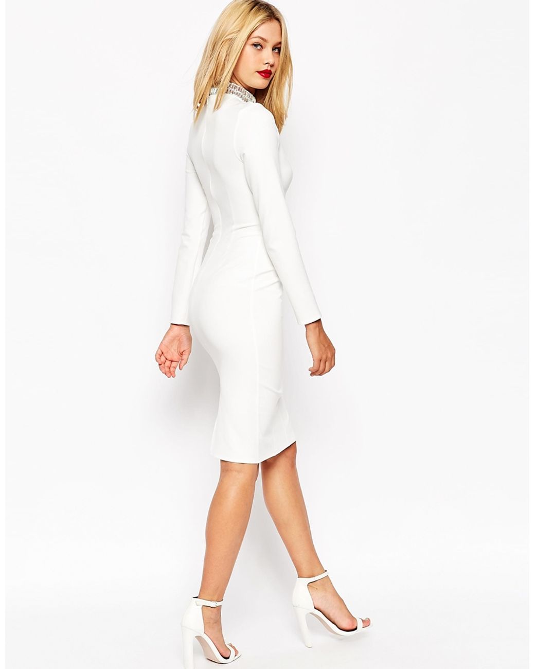 ASOS Long Sleeve Embellished Collar Midi Dress in White | Lyst