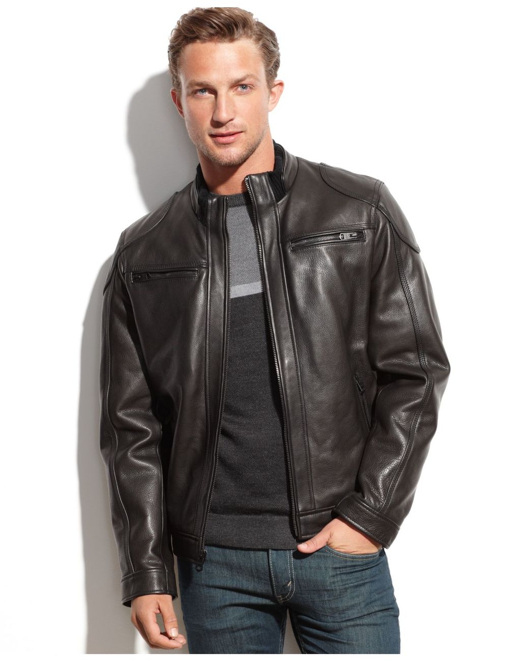 Klein Leather Moto Jacket in Black for | Lyst