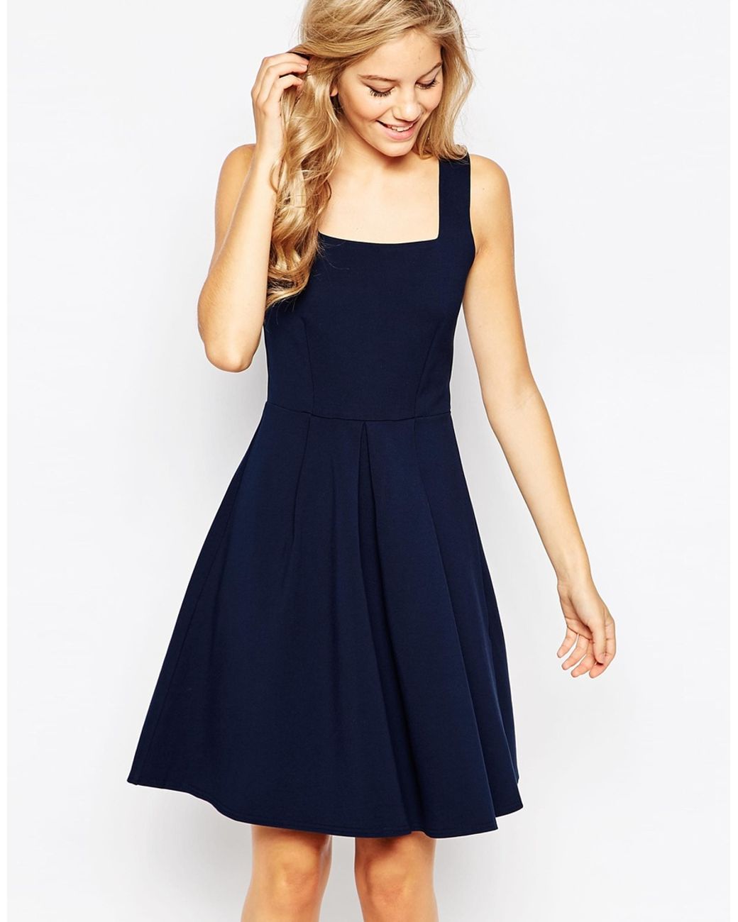 Closet Square Neck Dress With Box Pleats in Blue | Lyst
