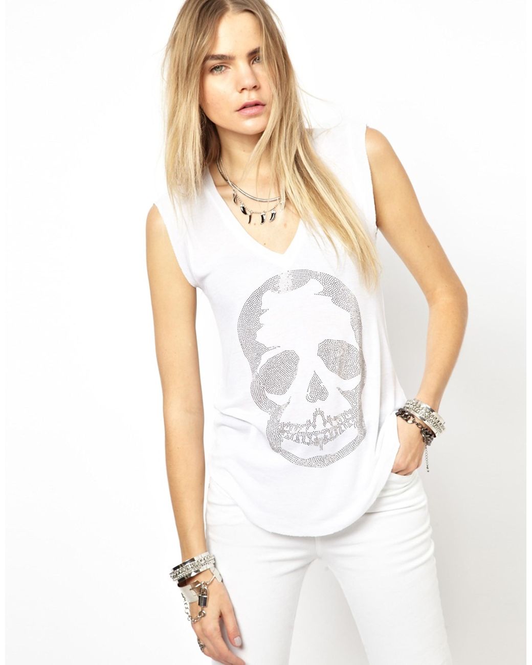 Zadig & Voltaire Zadig and Voltaire Brooklyn Tshirt with Diamante Skull in  White | Lyst Canada