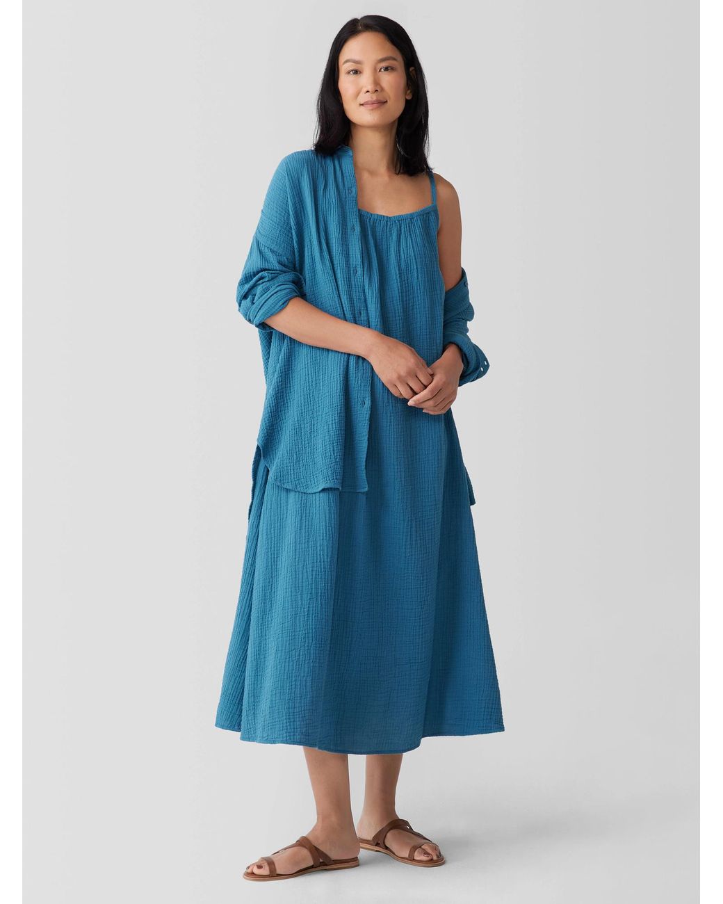 Eileen Fisher Organic Cotton Lofty Gauze Cami Dress in Blue Lyst