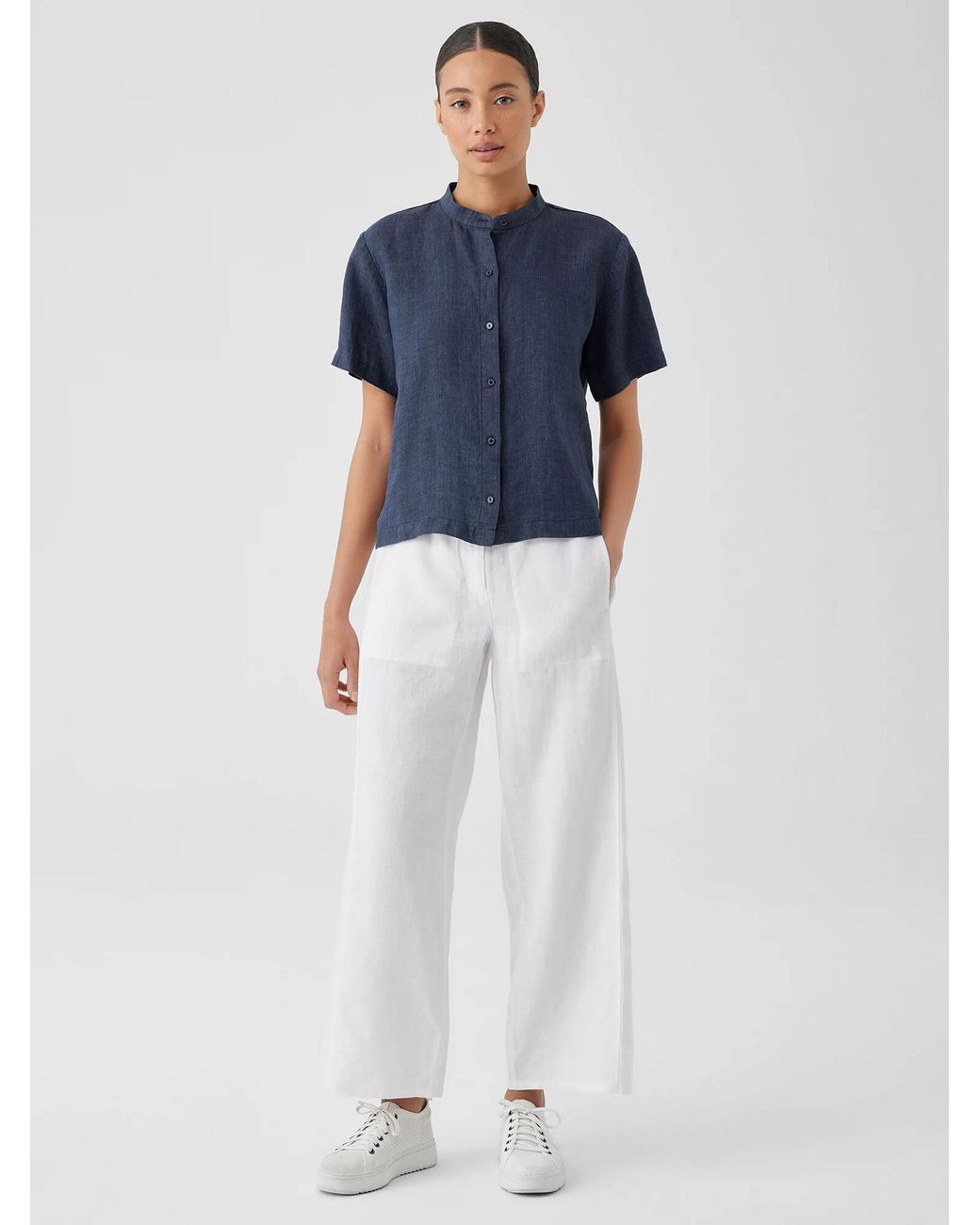 chinese dress ladies Eileen Fisher Women's Puckered Organic Linen Grid Classic Collar Dress   Channers