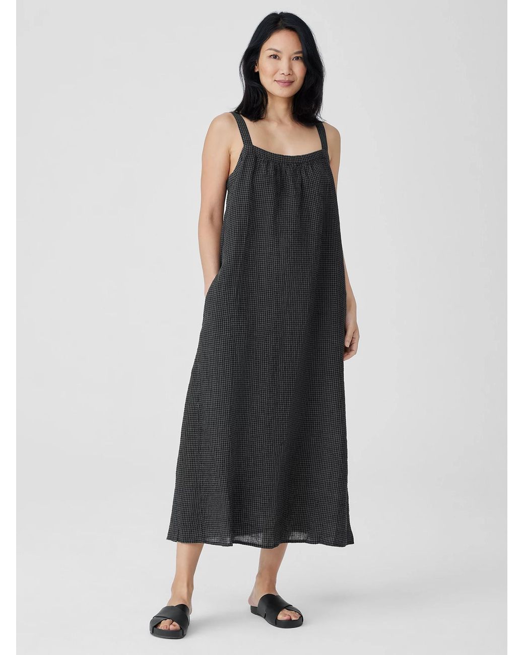 Eileen Fisher Puckered Organic Linen Square Neck Dress in Black Lyst