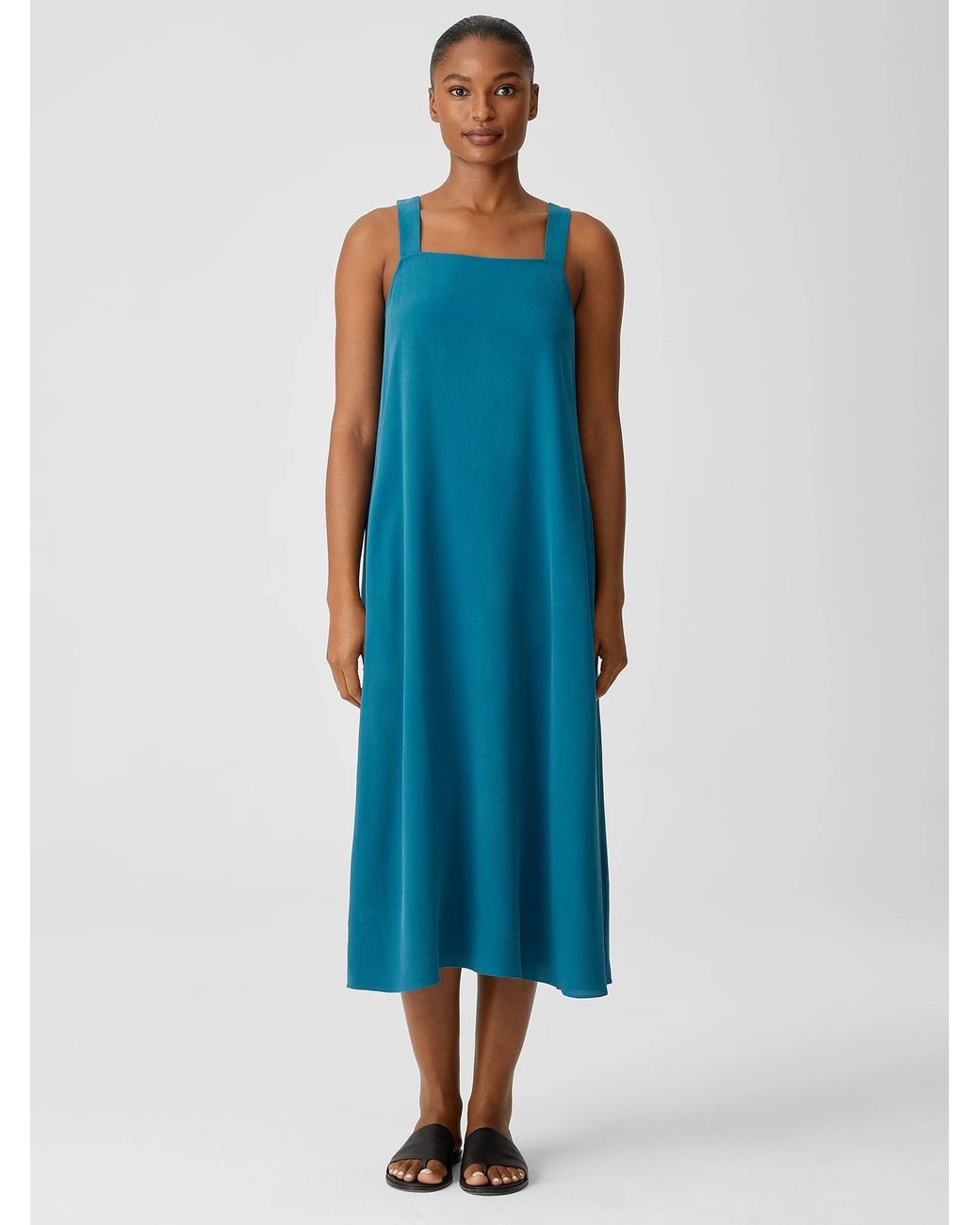 Eileen Fisher Silk Georgette Crepe Square Neck Dress in Blue Lyst