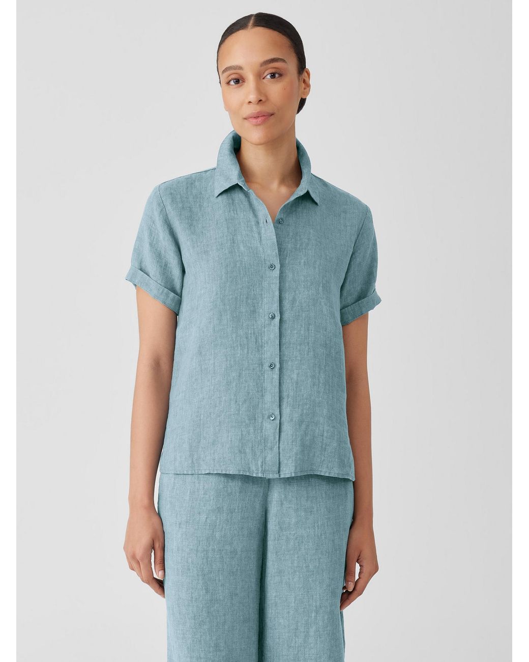 Eileen Fisher Washed Organic Linen Délavé Short-sleeve Shirt in Blue | Lyst