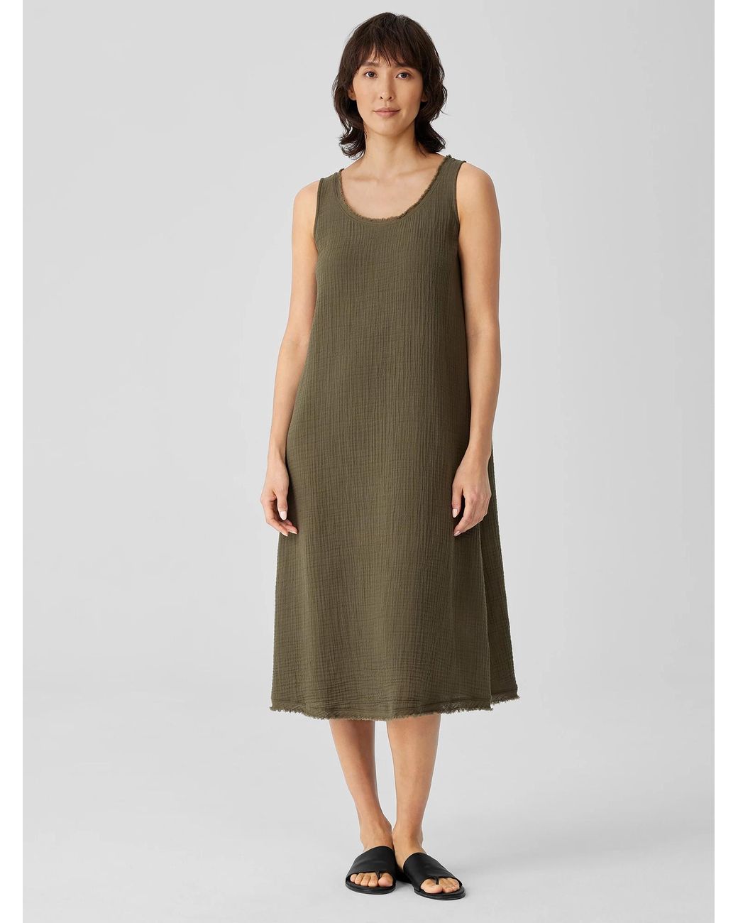 Eileen Fisher Organic Cotton Gauze Scoop Neck Dress in Green Lyst