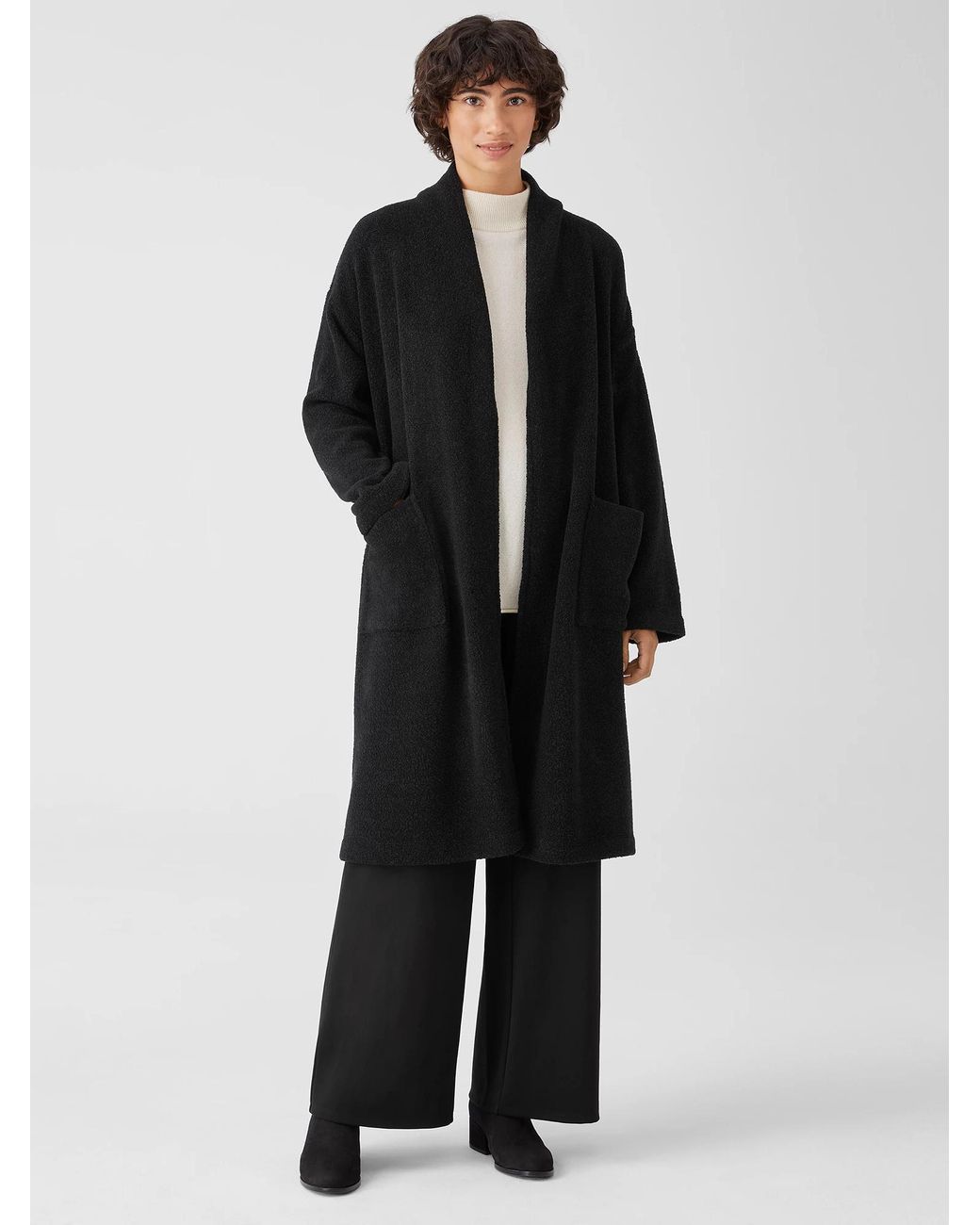 Eileen Fisher Boucle Wool Knit Long Coat in Black Lyst
