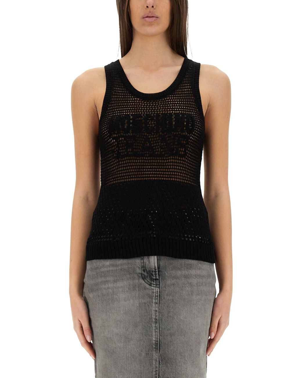 Moschino Black Textured Mesh Top With Bold Logo Design