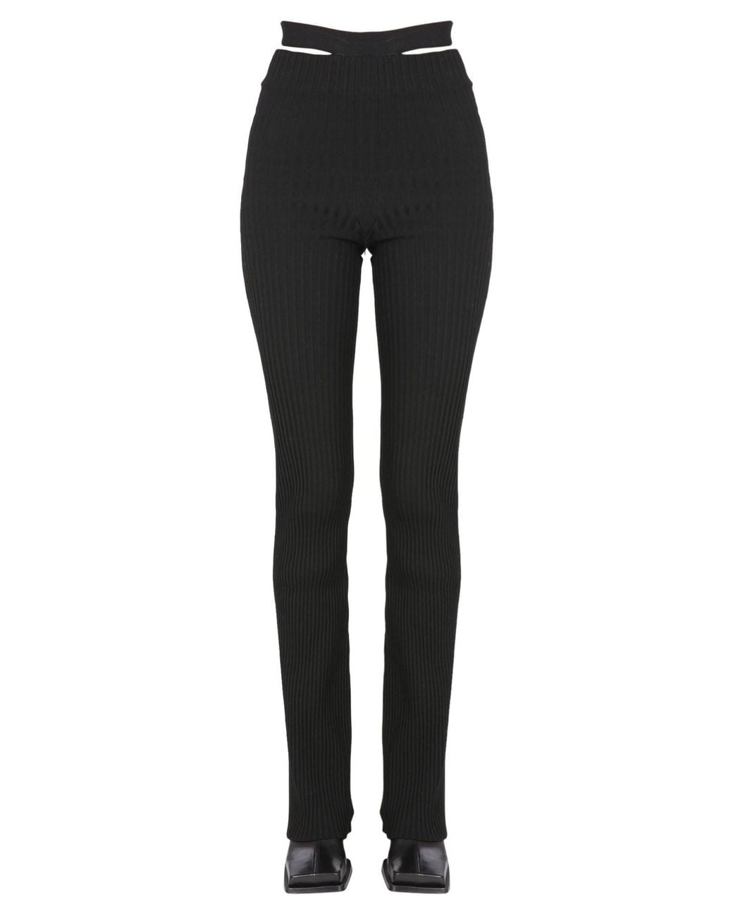ANDREADAMO Black Ribbed Viscose Blend Pants With Cut Out Belt