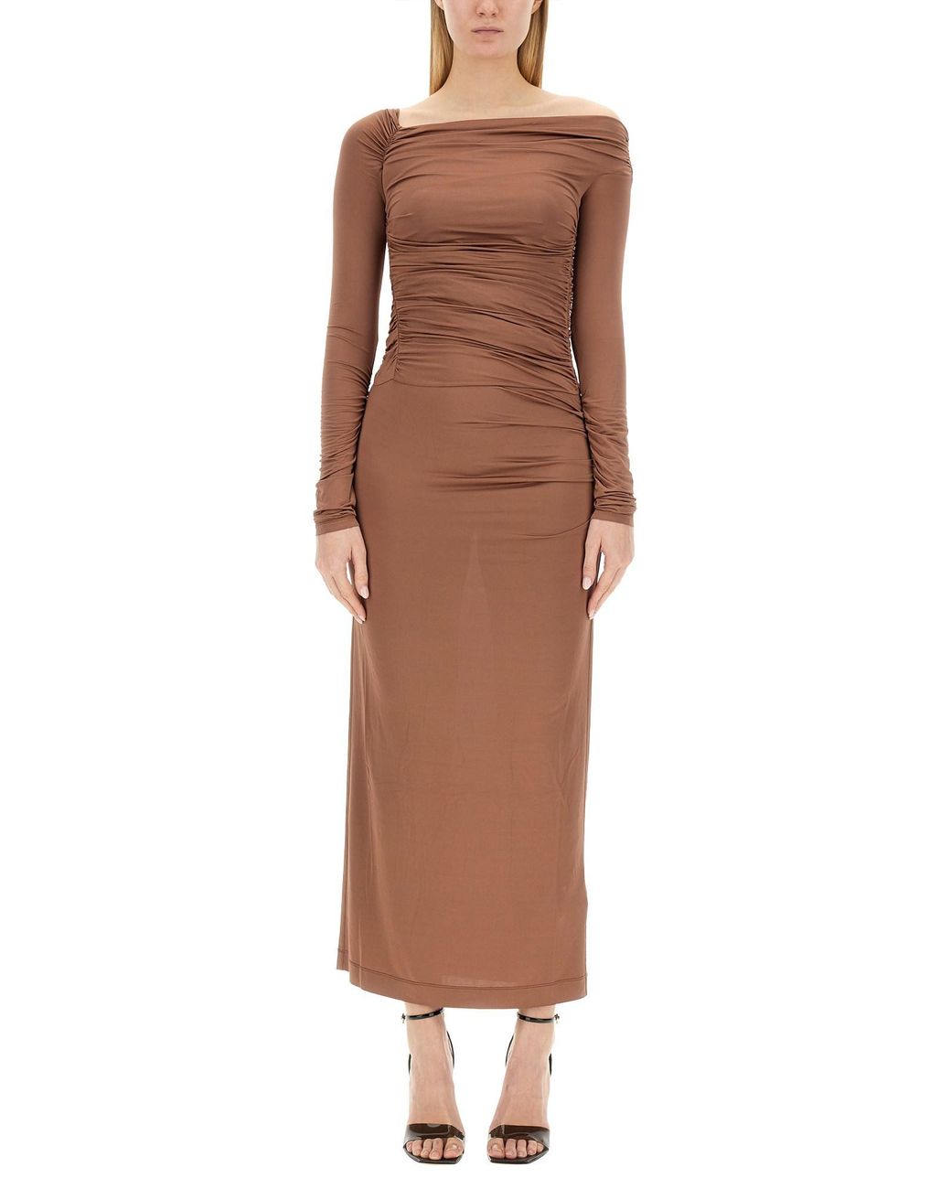 Helmut Lang Brown Off-Shoulder Midi Dress