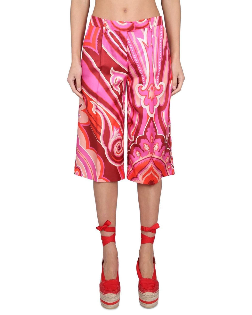 Etro Red Silk And Cotton Bermuda Shorts For