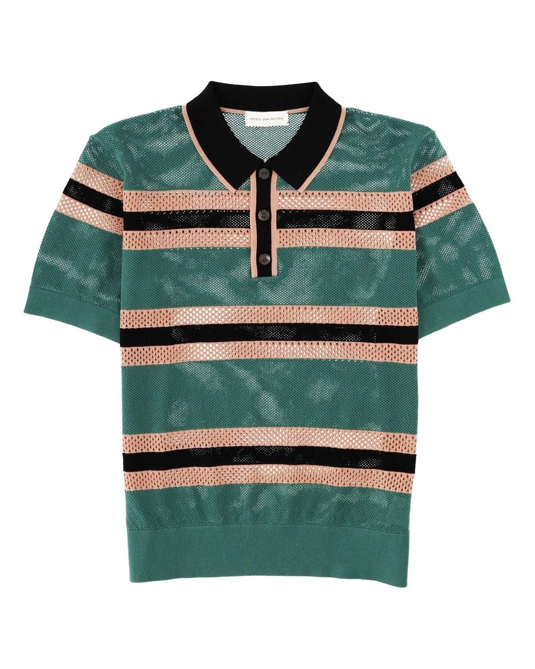 Dries Van Noten Green Perforated "Mercy Stripe" Polo Shirt for men
