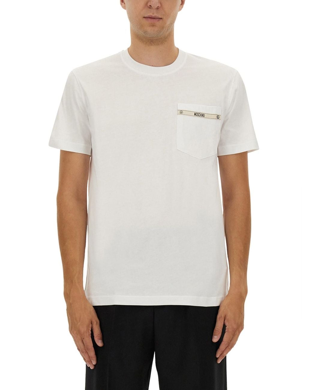 Moschino White Crew Neck T-Shirt With Logo Ribbon Detail for men