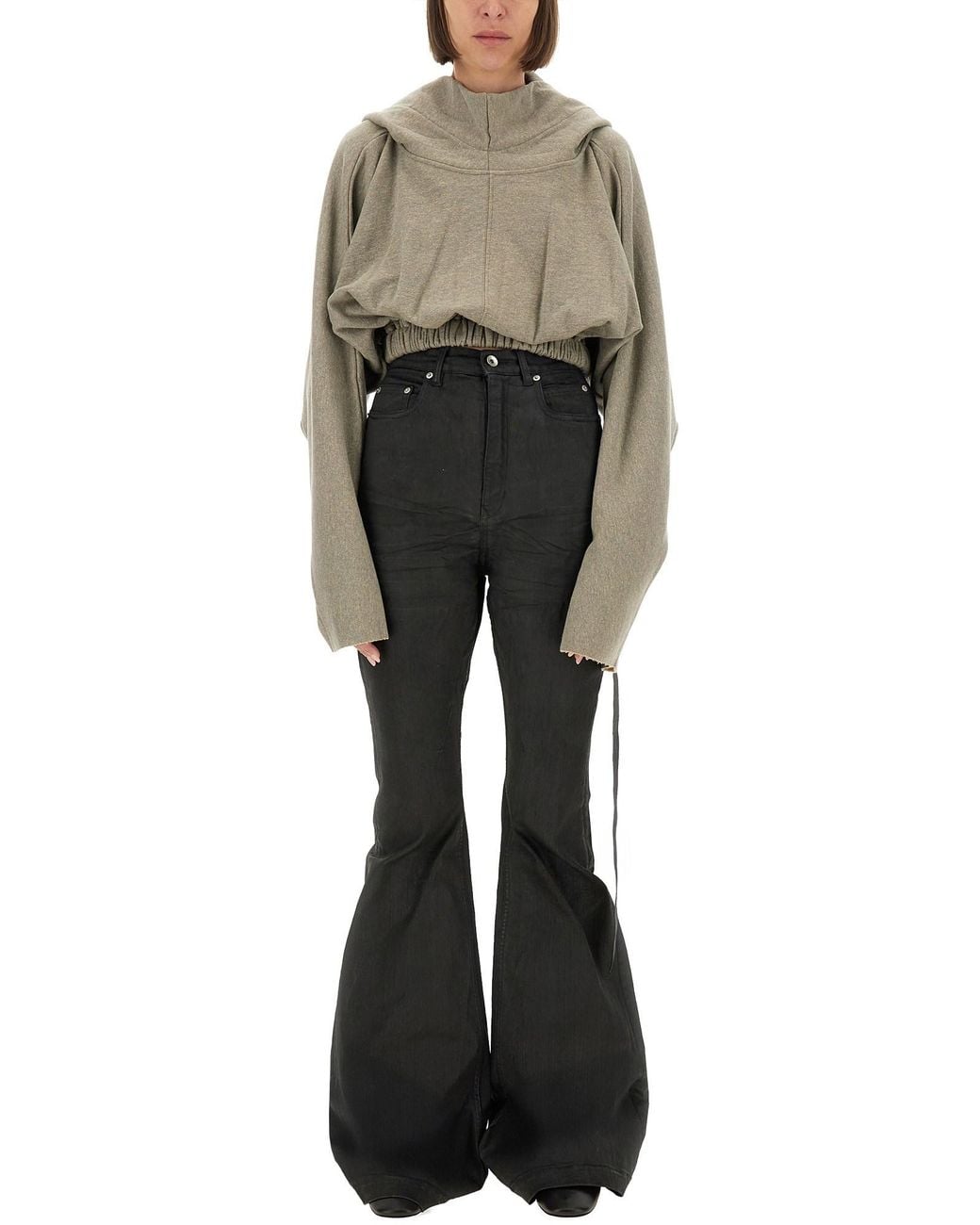 Rick Owens Gray Cropped Hooded Tunic Sweatshirt Cotton Sweatshirts