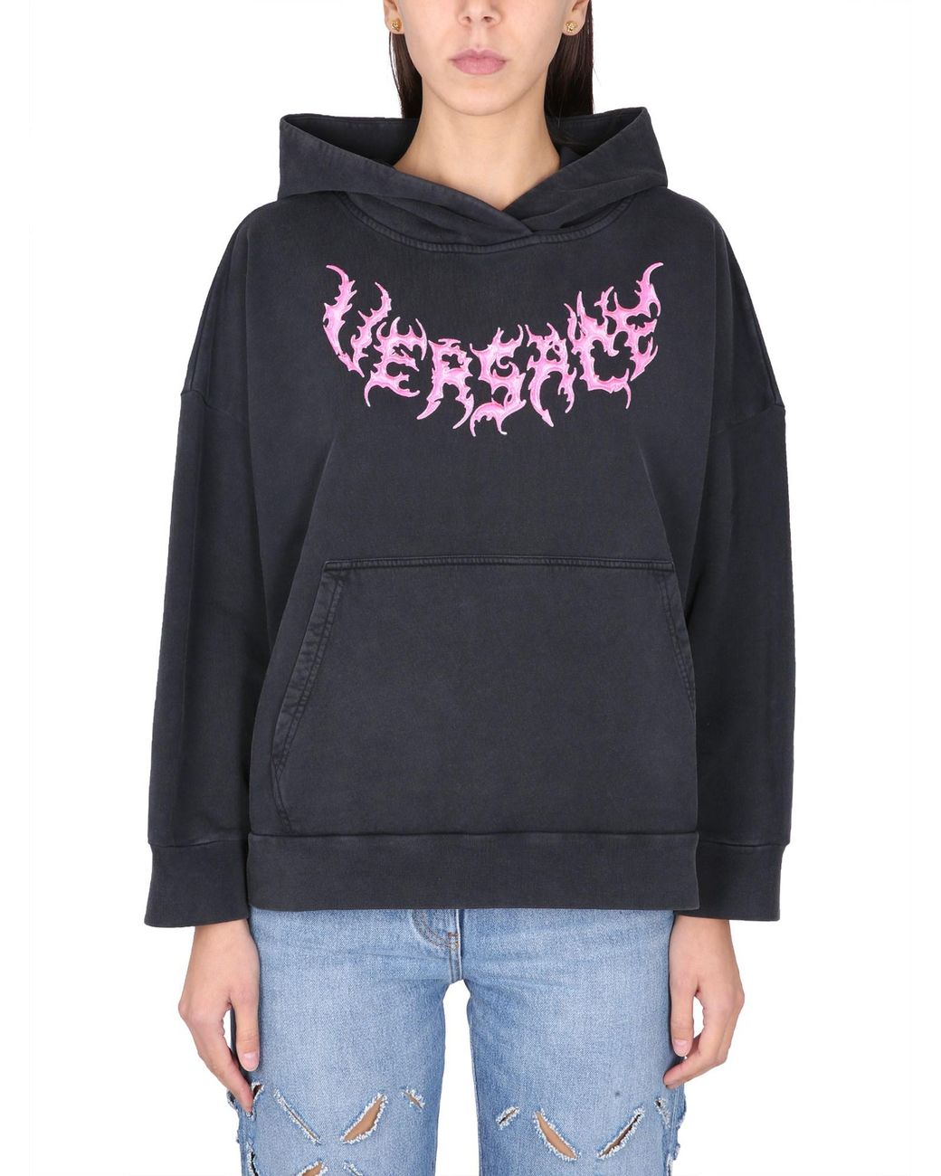 Versace Gray Logo-Print Hooded Sweatshirt For