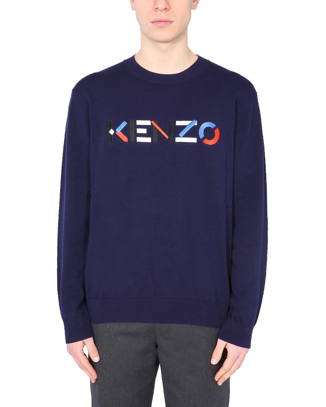 KENZO Crew Neck Cotton Sweater With Embroidered Logo in Blue for Men Lyst
