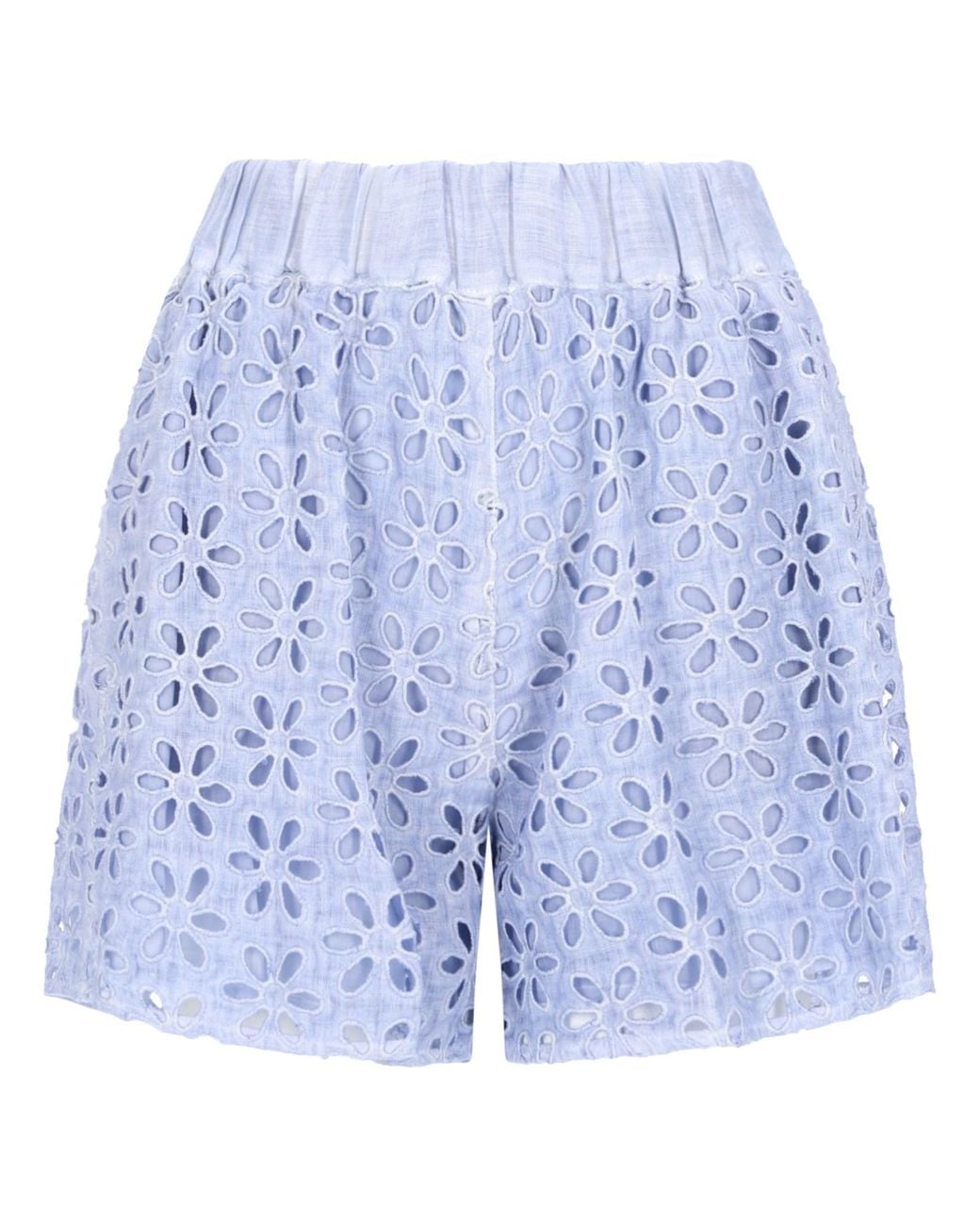 120% Lino Blue Shorts Con Motivo Traforato