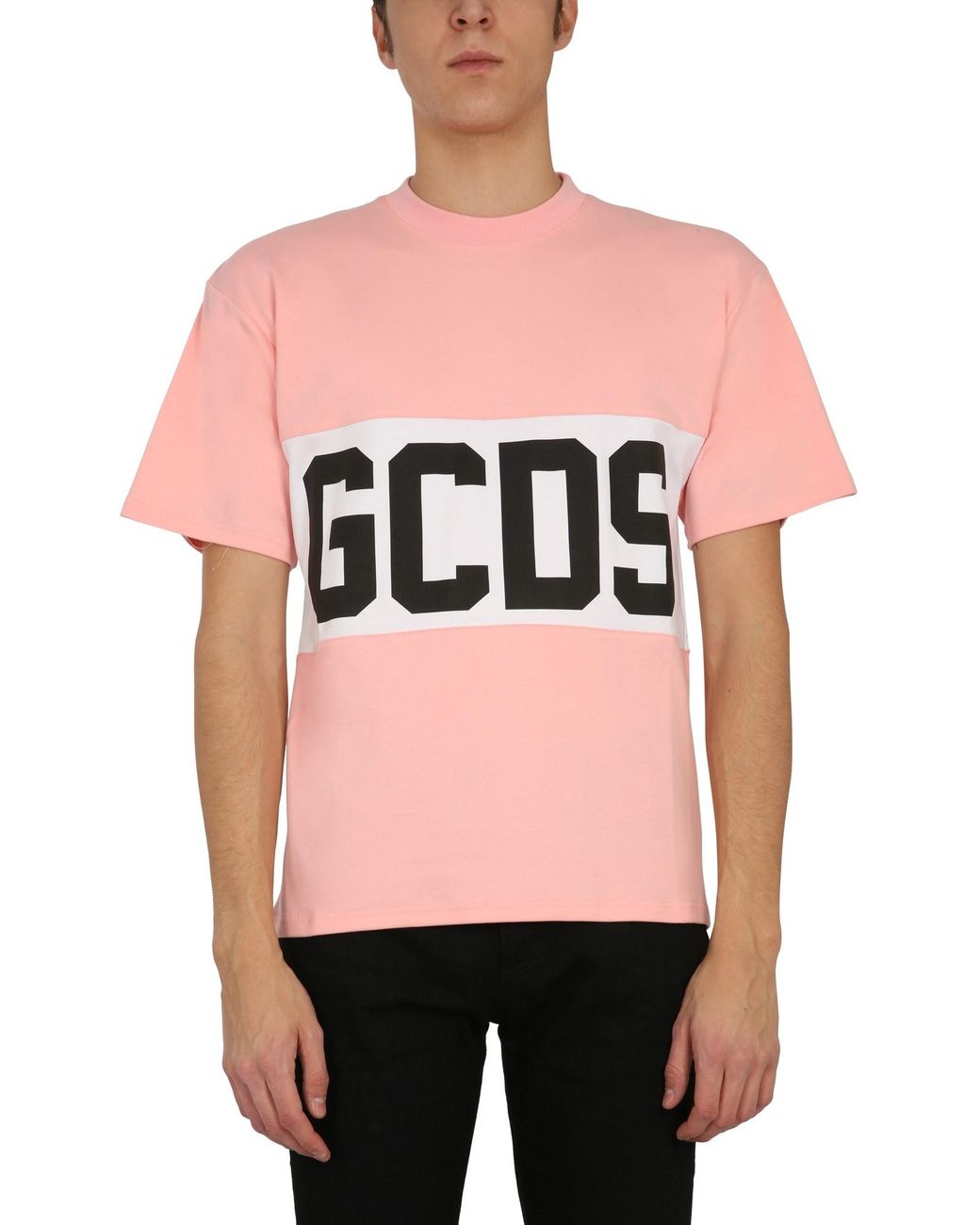 Gcds Crew Neck Cotton T-shirt With Logo Band in Pink for Men - Lyst