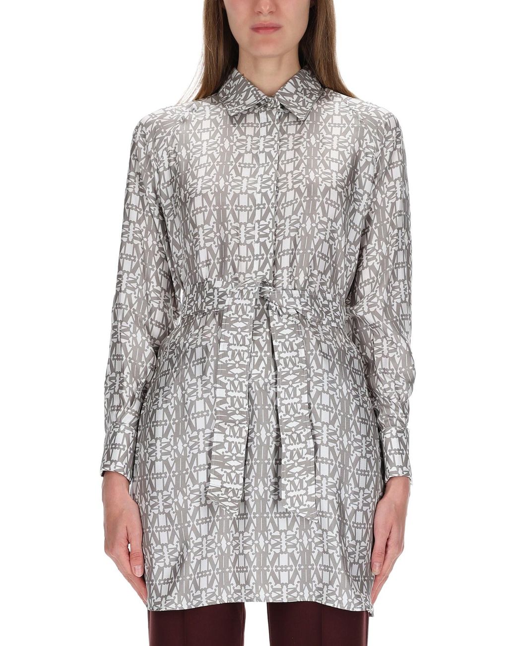 Max Mara Gray Printed Silk Shirt Dress