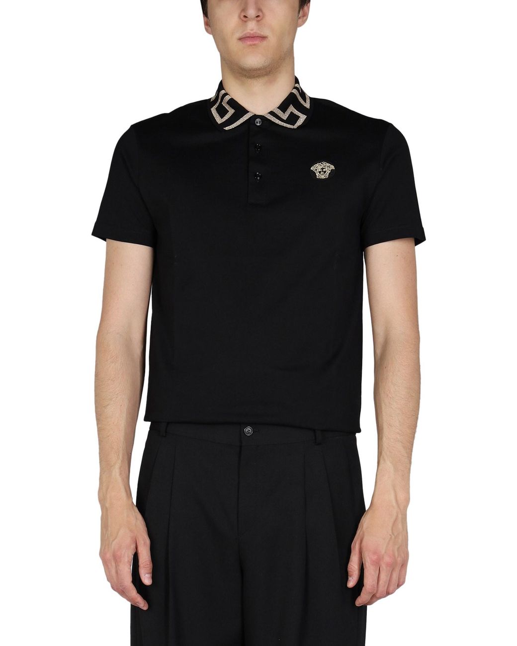 Versace Greek Motif Cotton Pique Collar Polo Shirt in Black for Men | Lyst