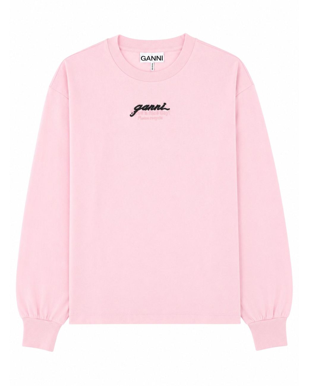 Ganni Pink T-Shirt A Manica Lunga Con Logo E Stampa