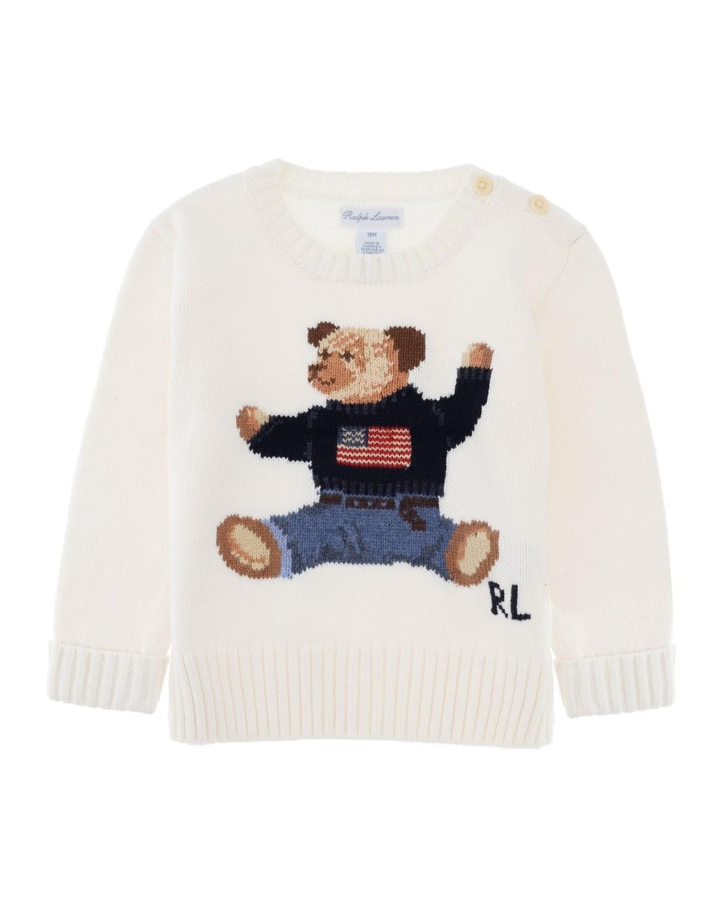 Polo Ralph Lauren White Maglione Girocollo Da Neonato Con Disegno Teddy Bear