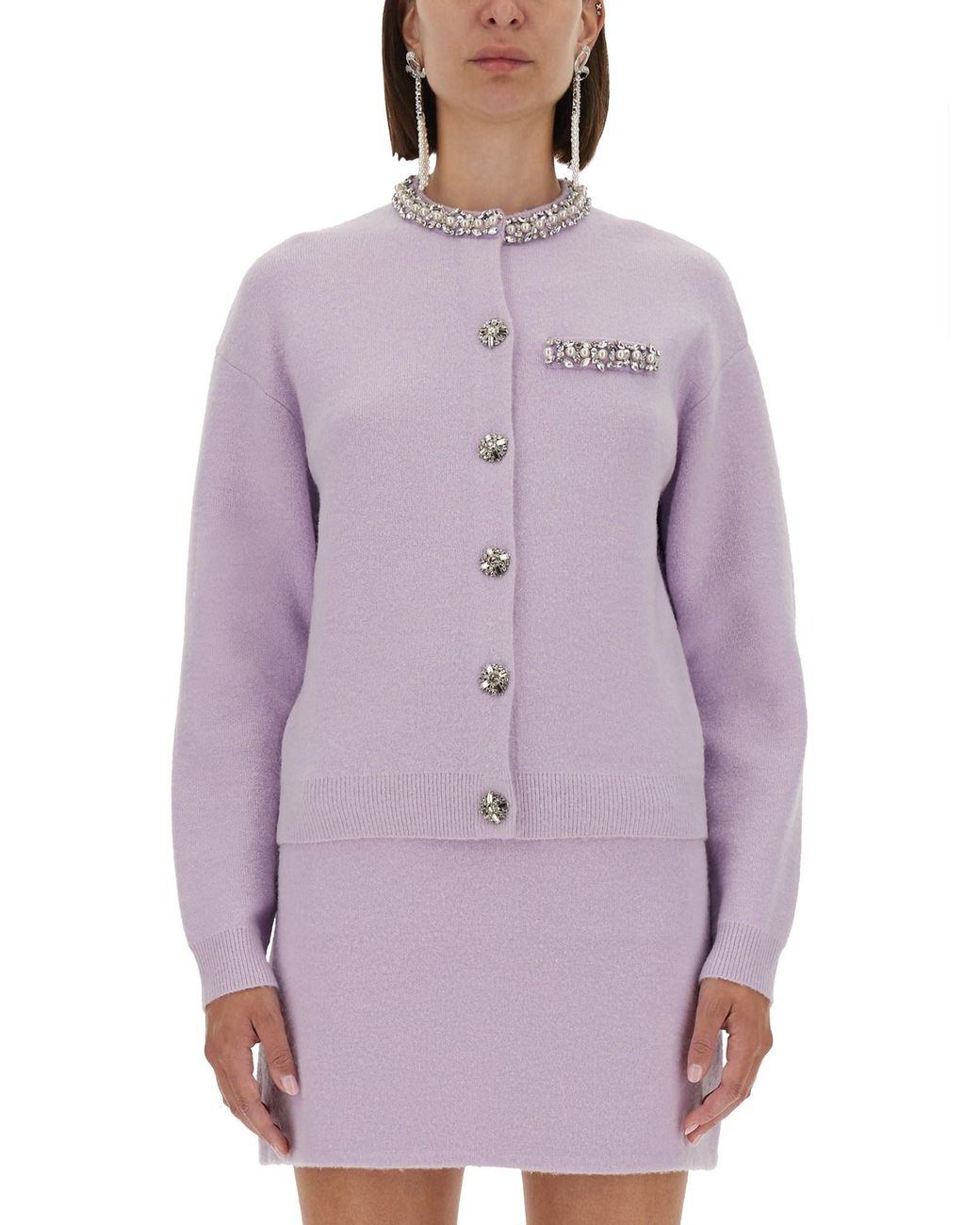 Self-Portrait Purple Knitted Cardigan With Crystals