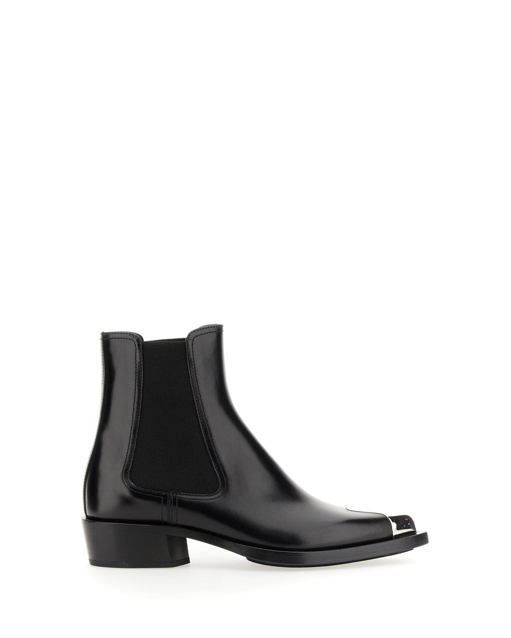McQueen Black Pointed Leather Ankle Top Boots.
