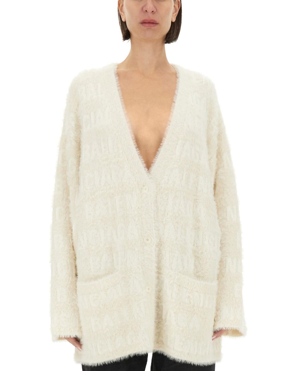 Balenciaga White Oversized Jacquard Faux Fur Cardigan