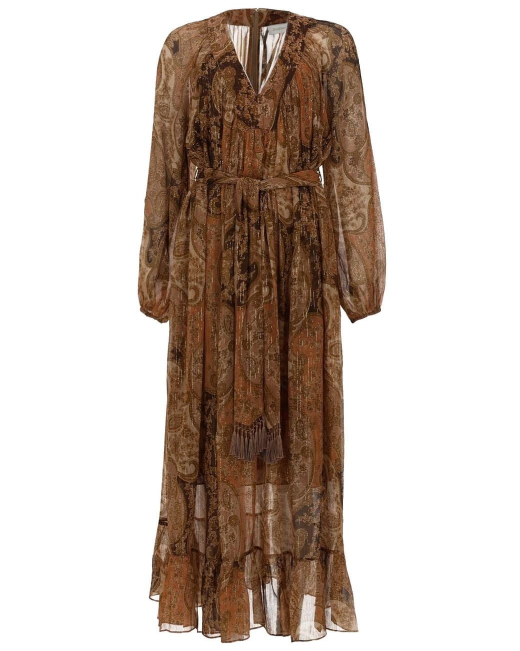 Zimmermann Brown Carousel Linen-Silk Paisley Midi Dress